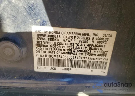 2005 Honda Accord 2.4 Lx z USA, uszkodzony, nr VIN 1HGCM56495L001812
